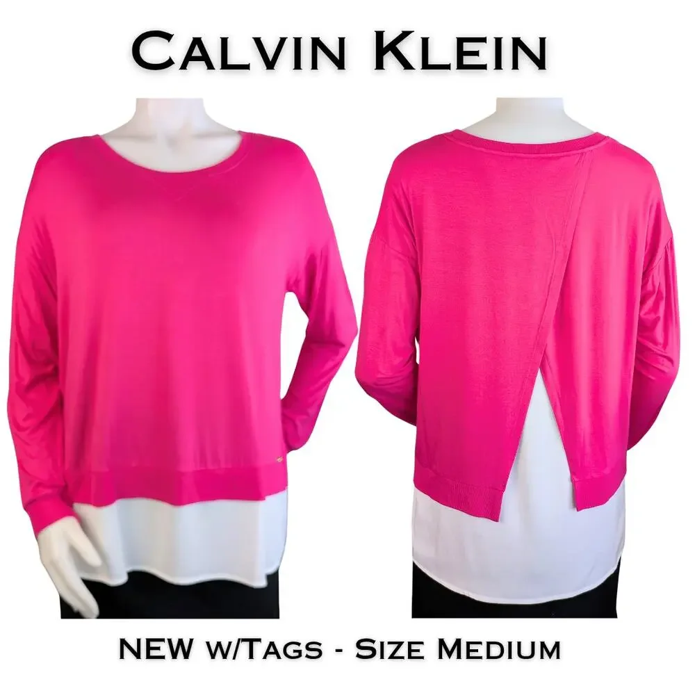 Calvin Klein Tunic Top Medium Hot Pink White Colorblock Layered Flowy NEW - Picture 1 of 9